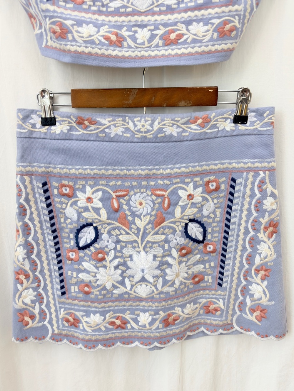 jacquie the label Floral Embroidered Blue Top Mini Skirt 2 piece set large NWT - Picture 4 of 17